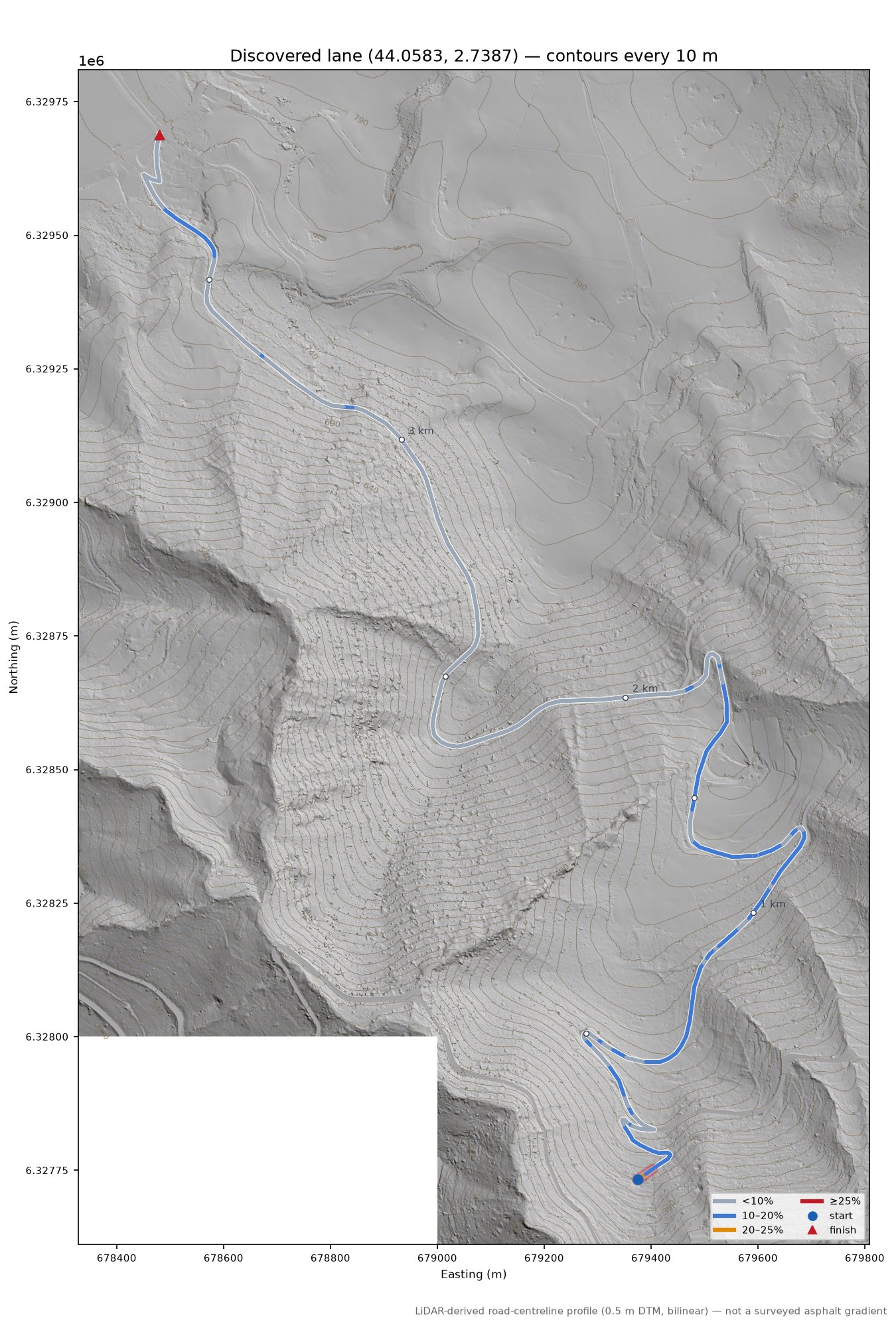 Discovered lane (44.0583, 2.7387) LiDAR hillshade map with contours