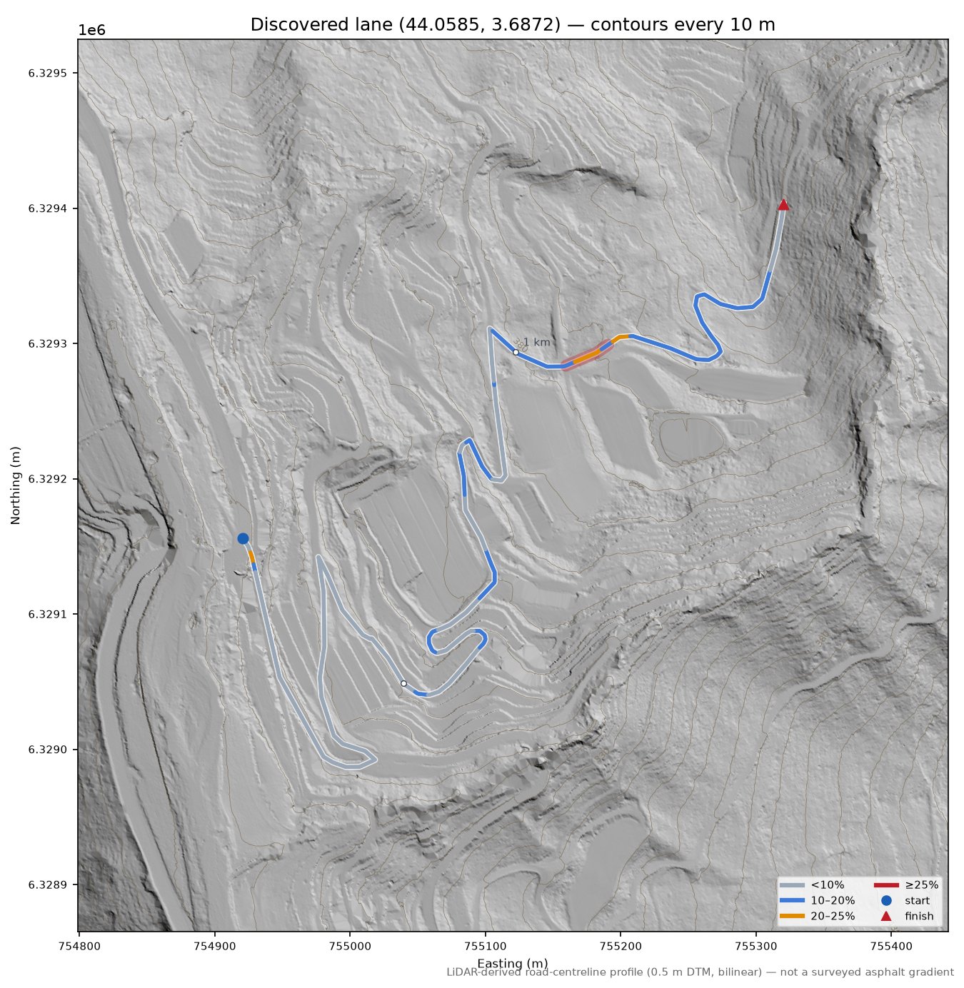 Discovered lane (44.0585, 3.6872) LiDAR hillshade map with contours