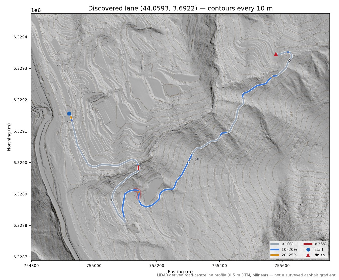 Discovered lane (44.0593, 3.6922) LiDAR hillshade map with contours