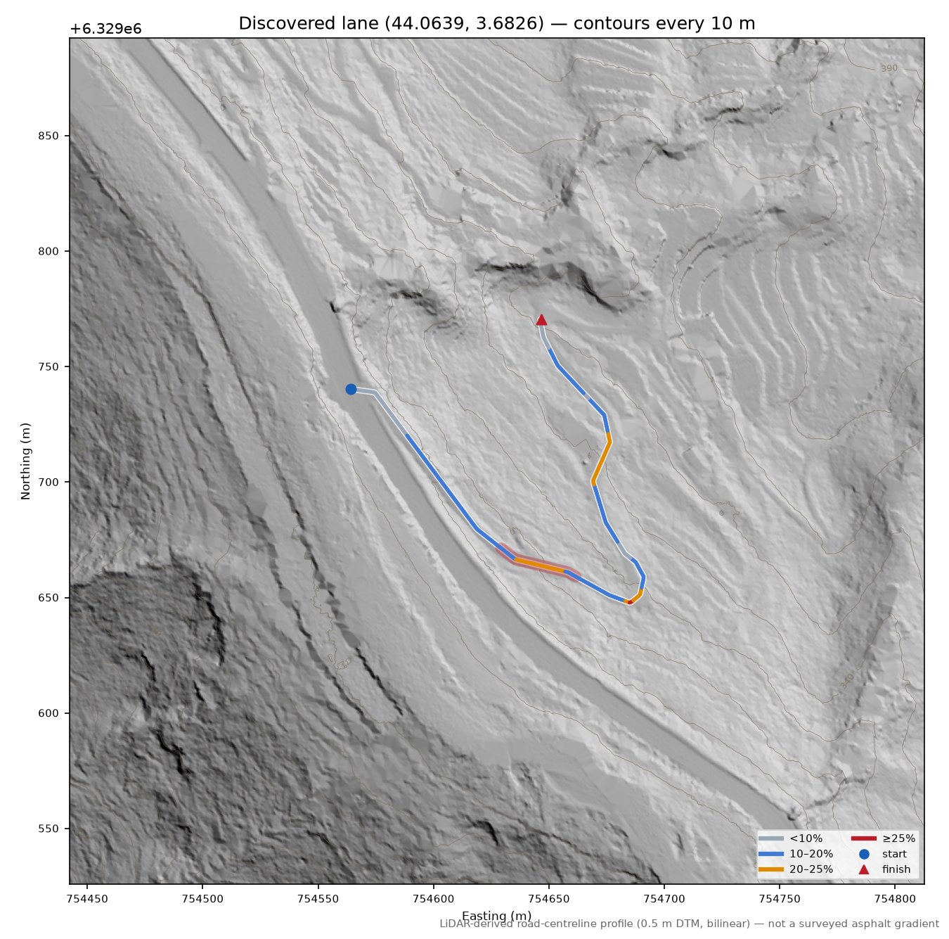 Discovered lane (44.0639, 3.6826) LiDAR hillshade map with contours