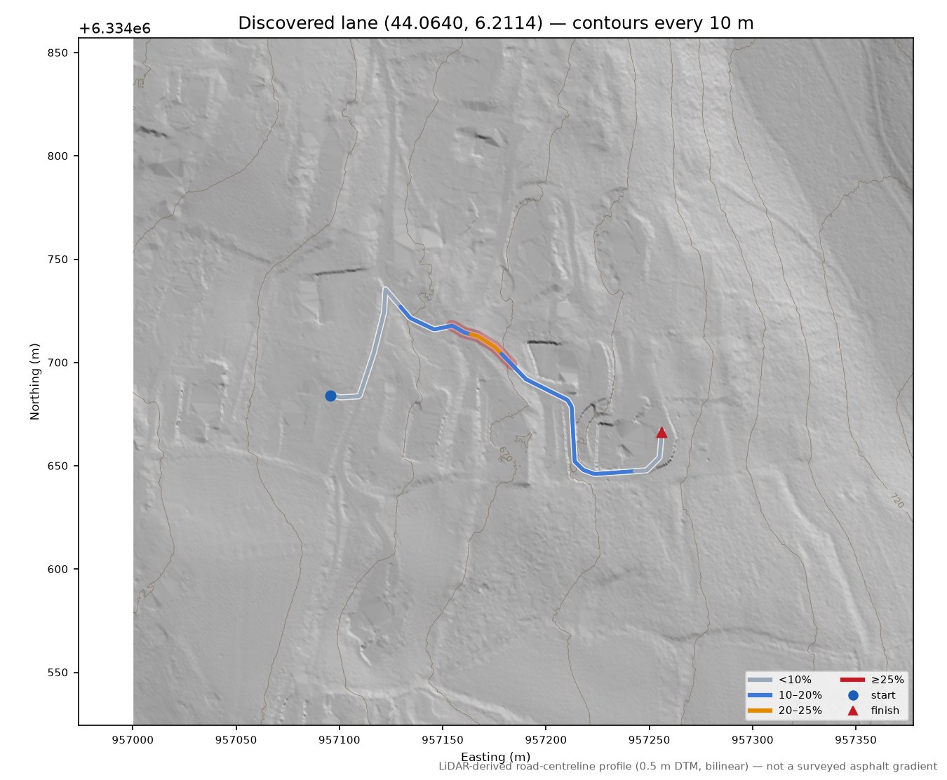 Discovered lane (44.0640, 6.2114) LiDAR hillshade map with contours