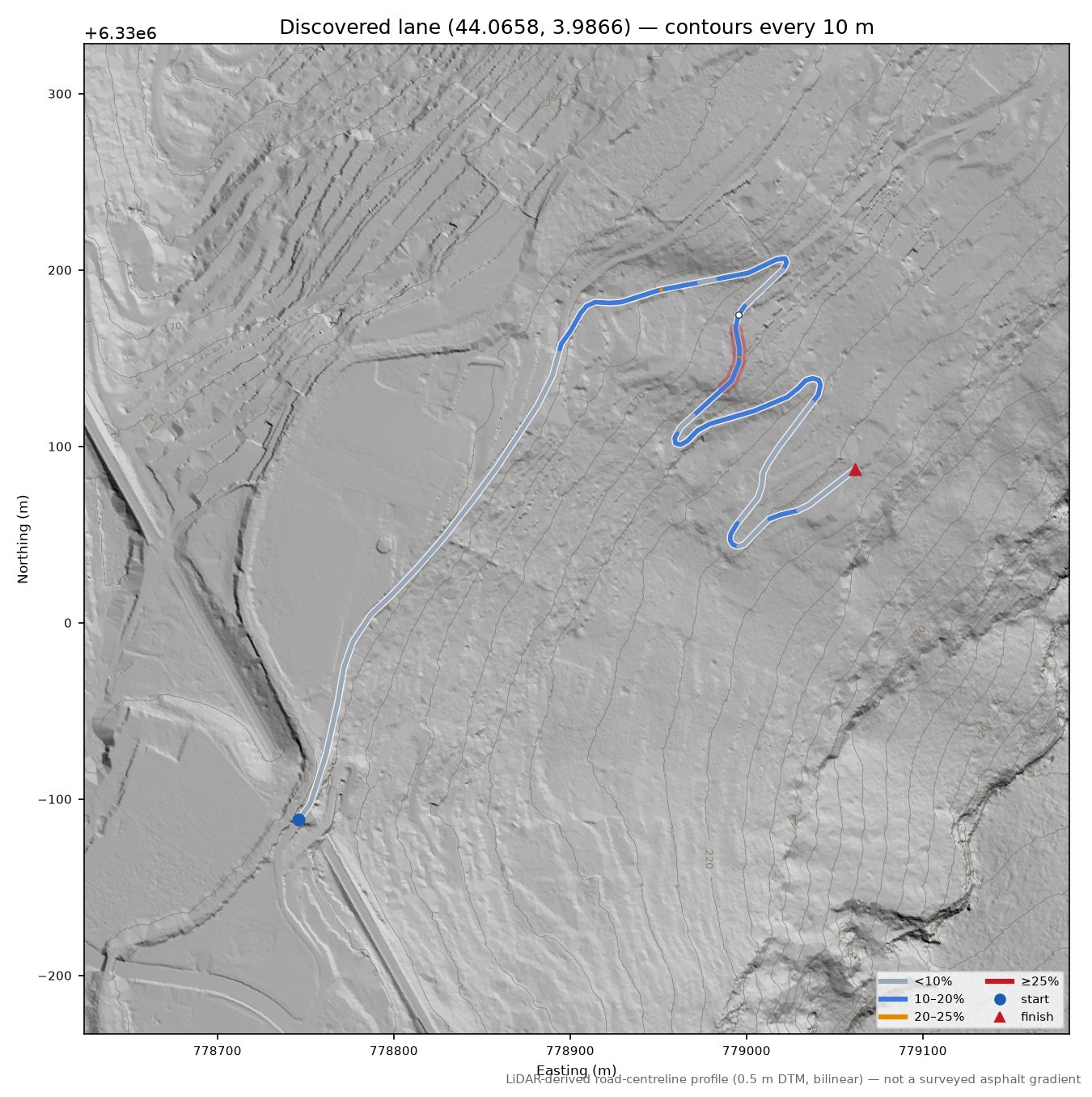 Discovered lane (44.0658, 3.9866) LiDAR hillshade map with contours
