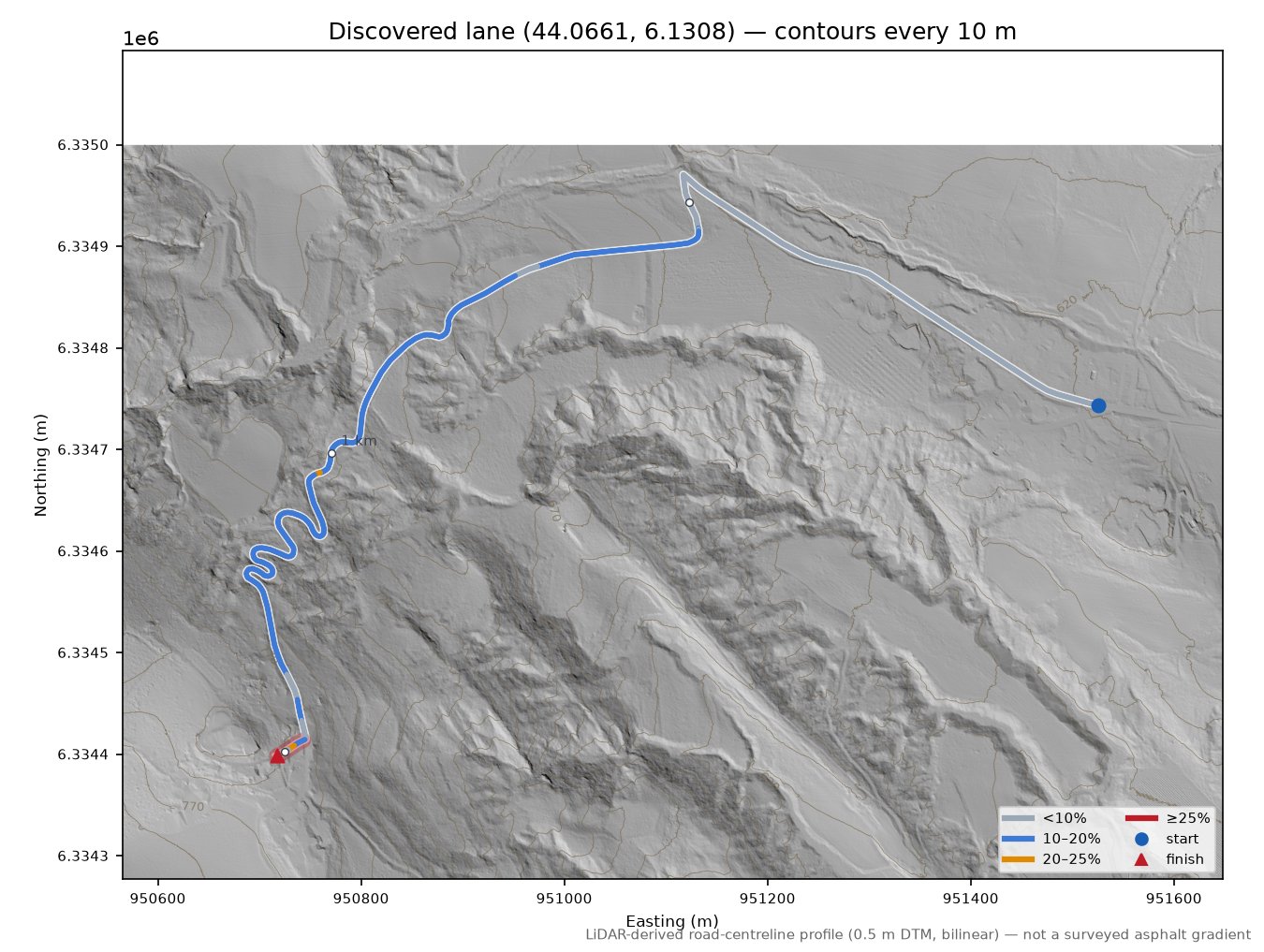 Discovered lane (44.0661, 6.1308) LiDAR hillshade map with contours