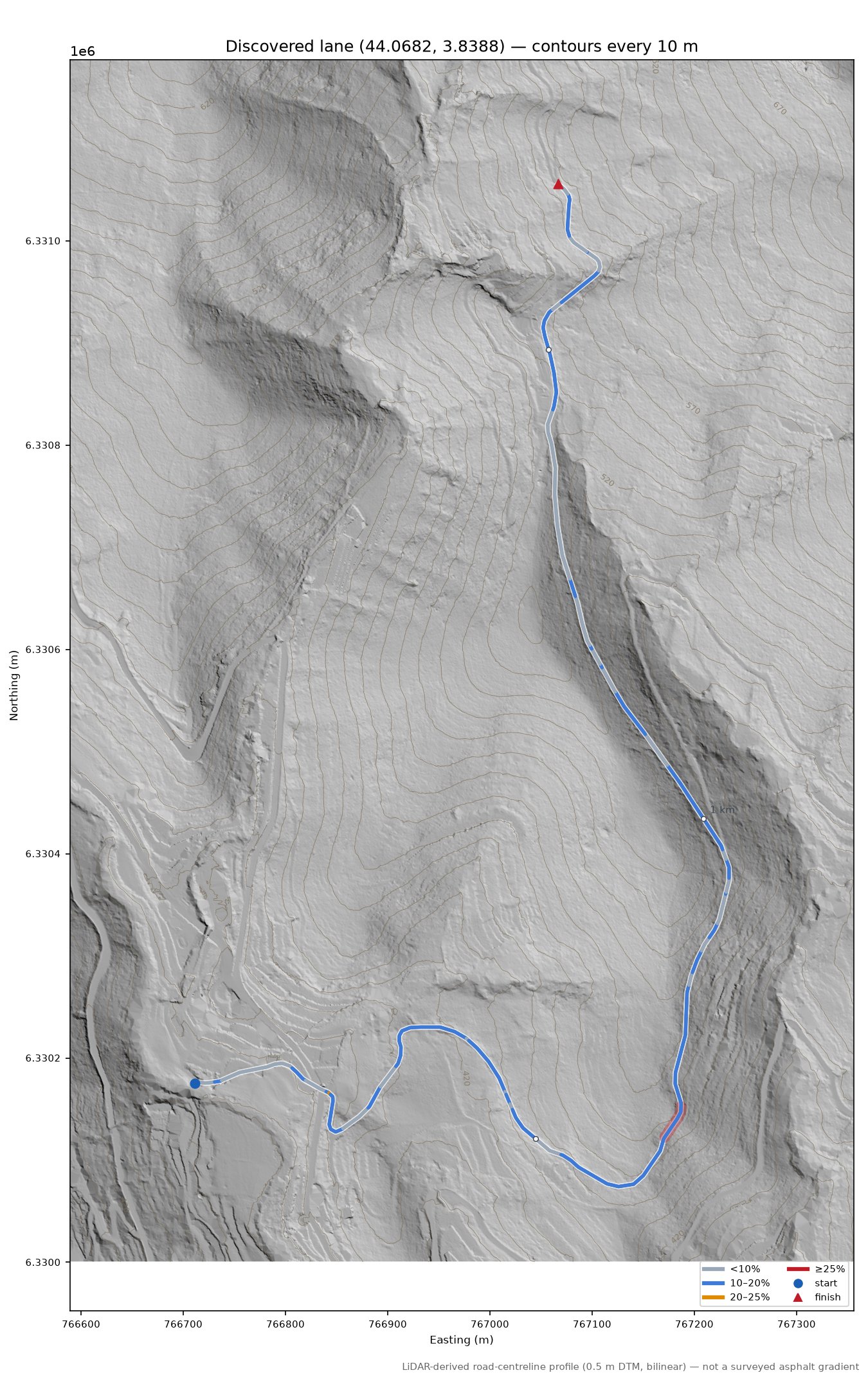Discovered lane (44.0682, 3.8388) LiDAR hillshade map with contours