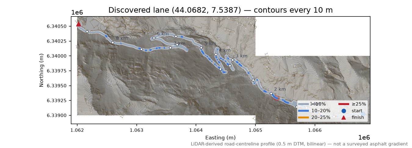 Discovered lane (44.0682, 7.5387) LiDAR hillshade map with contours