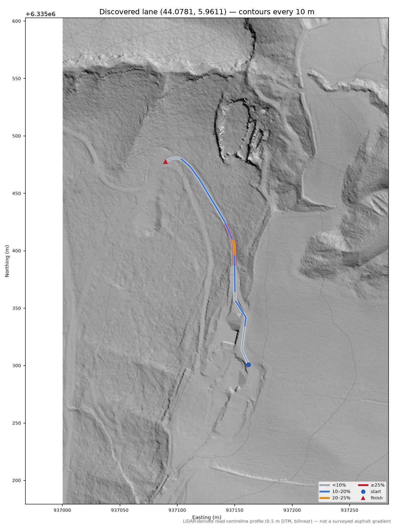 Discovered lane (44.0781, 5.9611) LiDAR hillshade map with contours