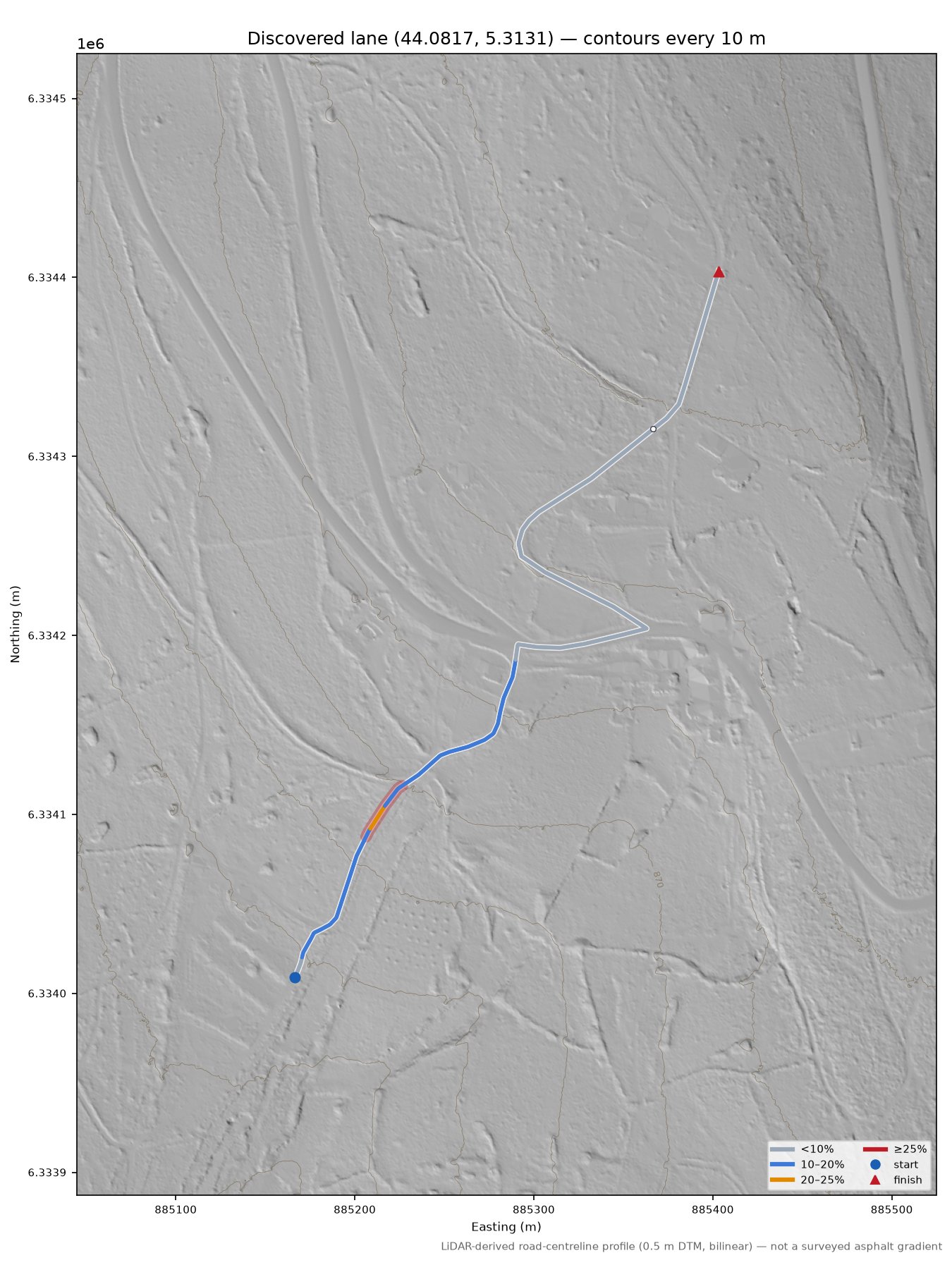Discovered lane (44.0817, 5.3131) LiDAR hillshade map with contours