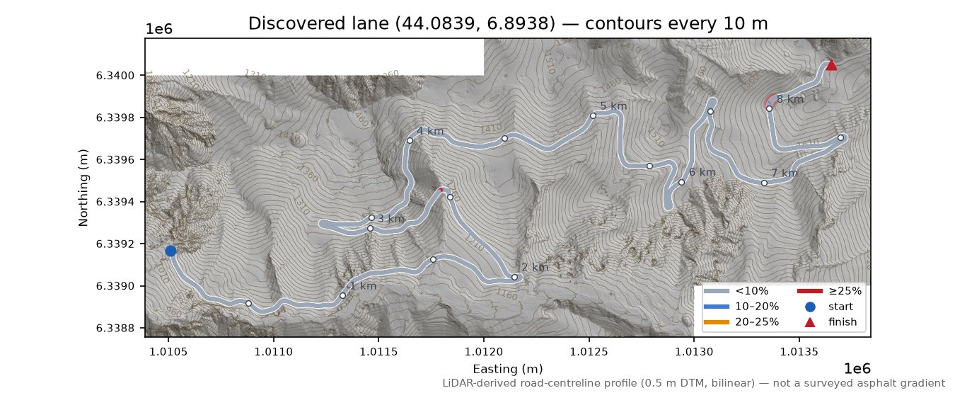 Discovered lane (44.0839, 6.8938) LiDAR hillshade map with contours