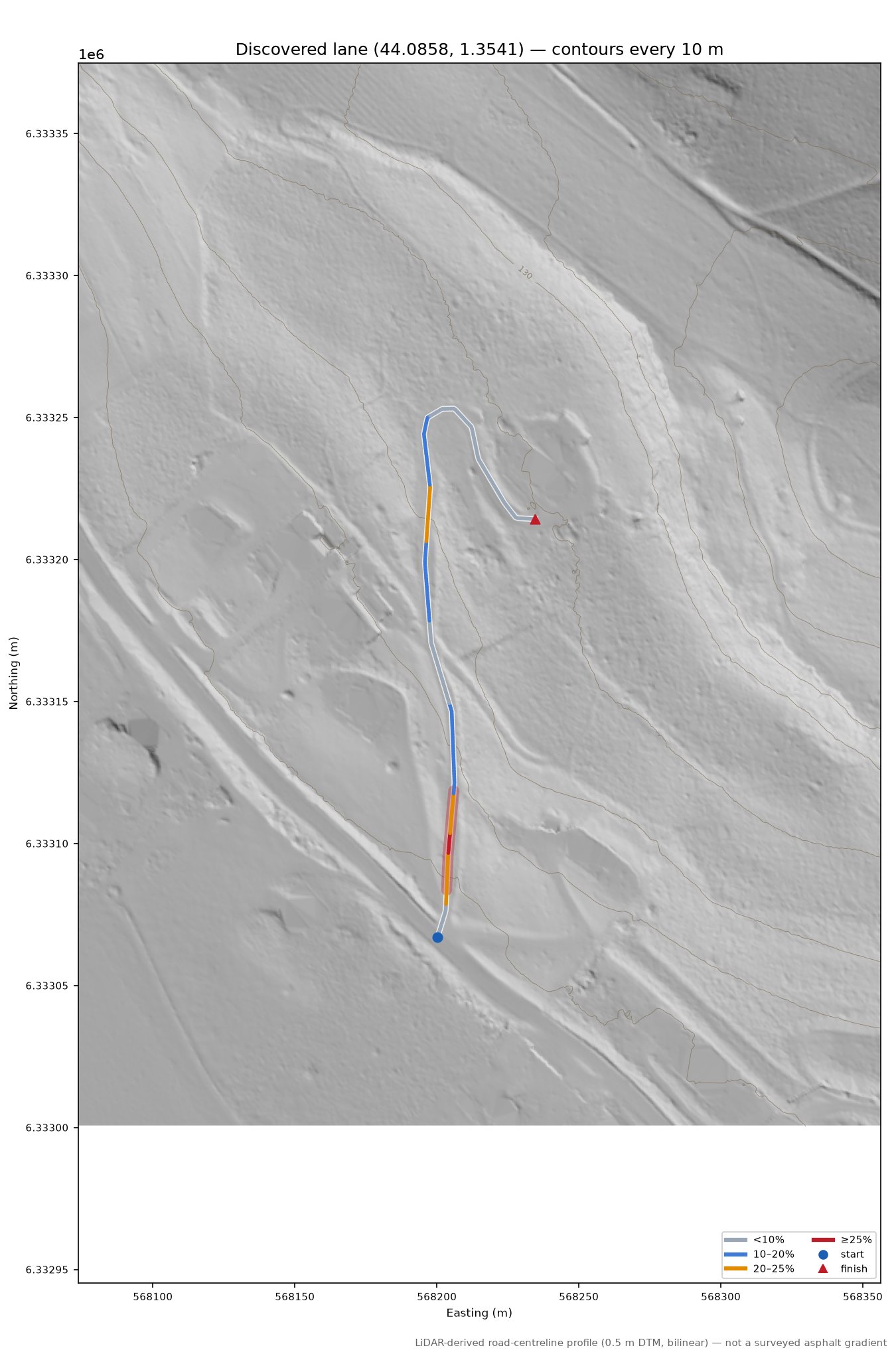 Discovered lane (44.0858, 1.3541) LiDAR hillshade map with contours