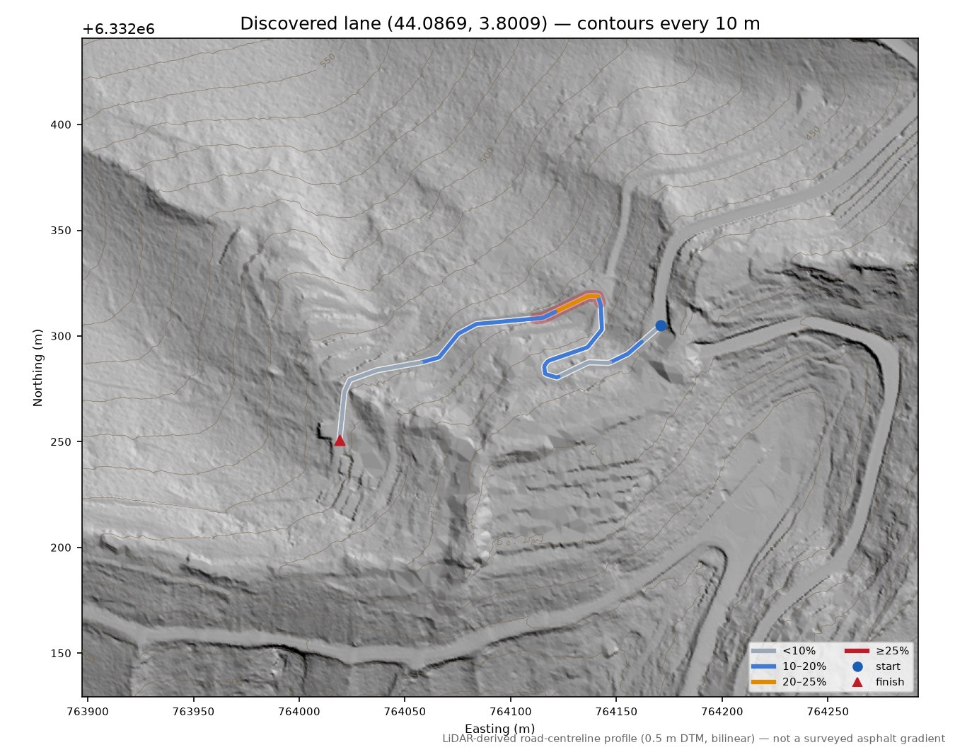 Discovered lane (44.0869, 3.8009) LiDAR hillshade map with contours
