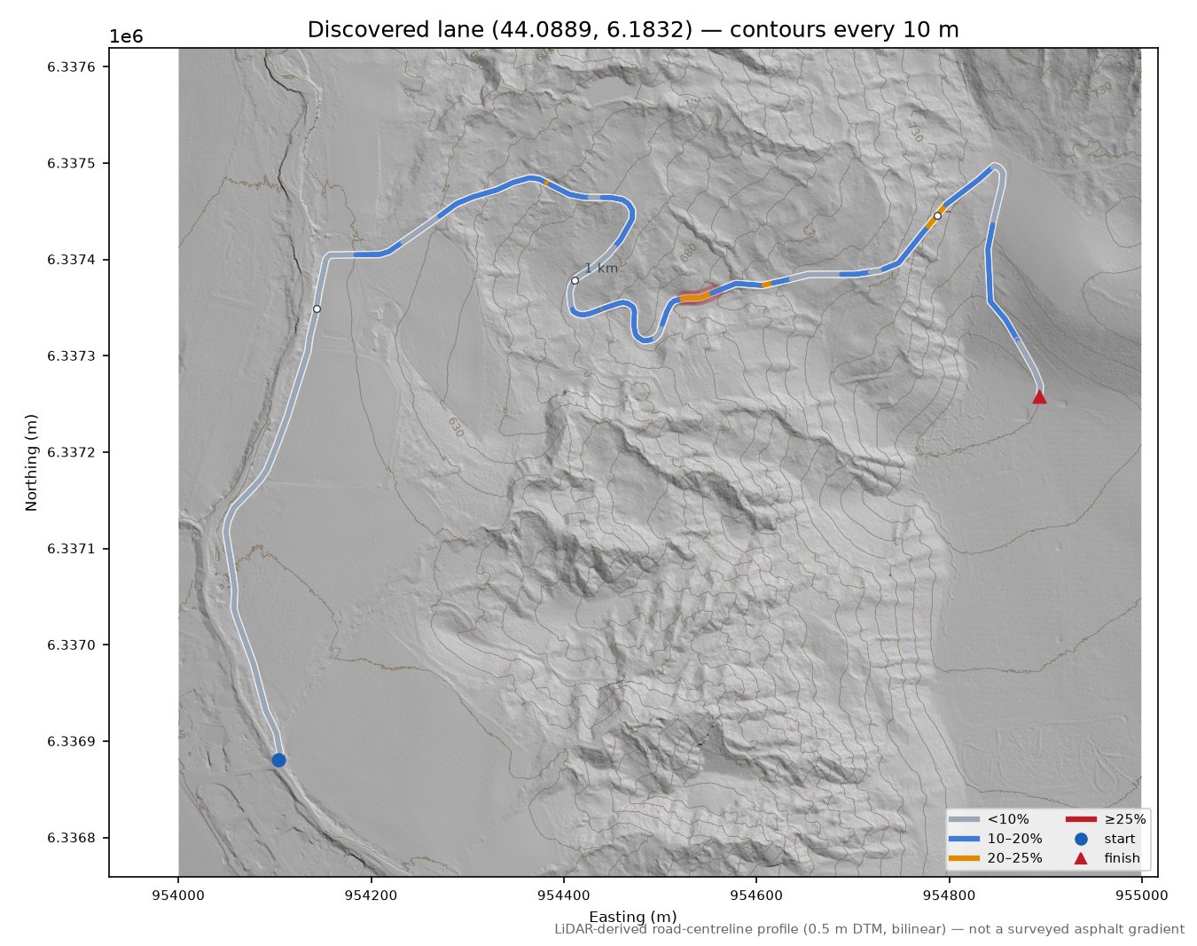 Discovered lane (44.0889, 6.1832) LiDAR hillshade map with contours