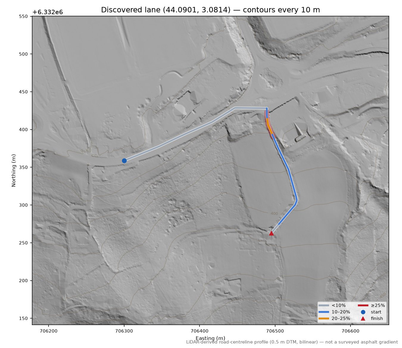 Discovered lane (44.0901, 3.0814) LiDAR hillshade map with contours