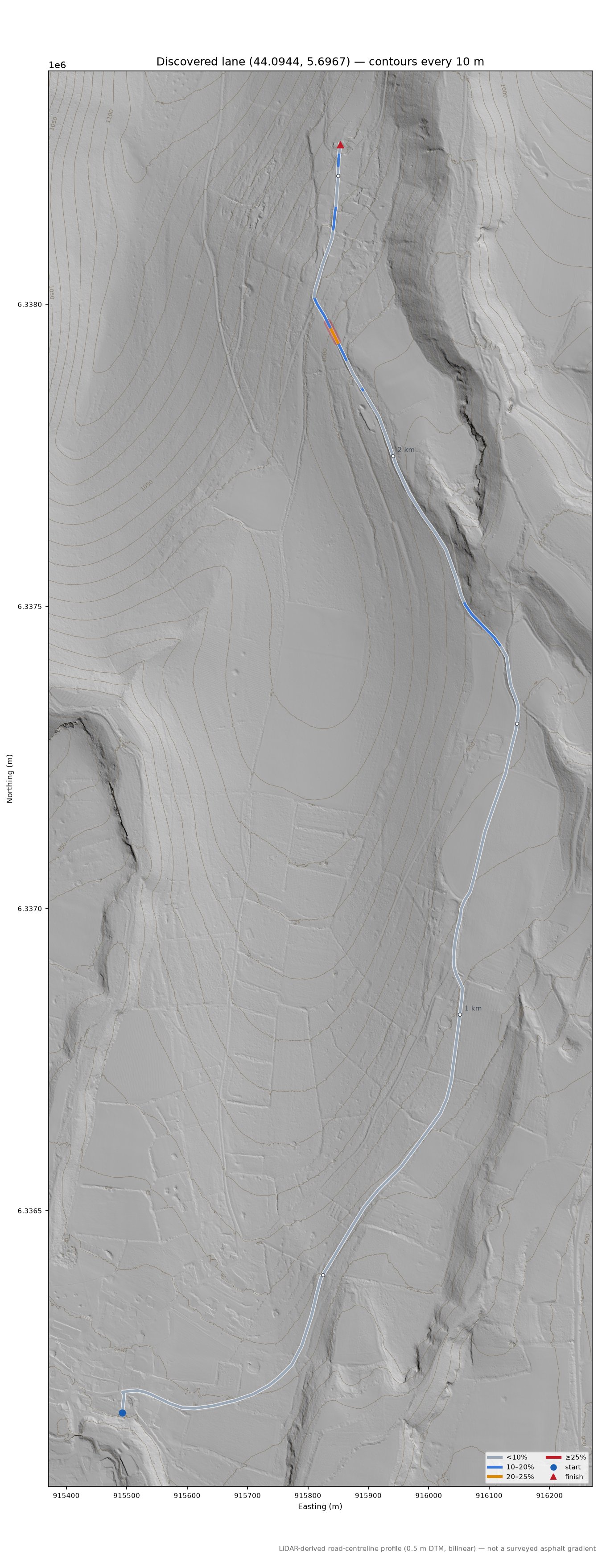 Discovered lane (44.0944, 5.6967) LiDAR hillshade map with contours