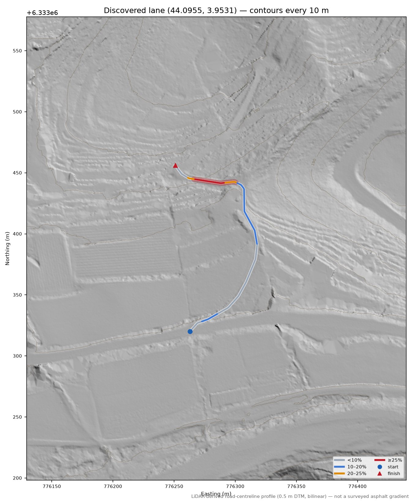 Discovered lane (44.0955, 3.9531) LiDAR hillshade map with contours