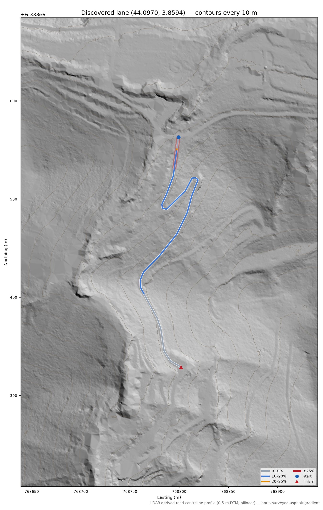 Discovered lane (44.0970, 3.8594) LiDAR hillshade map with contours