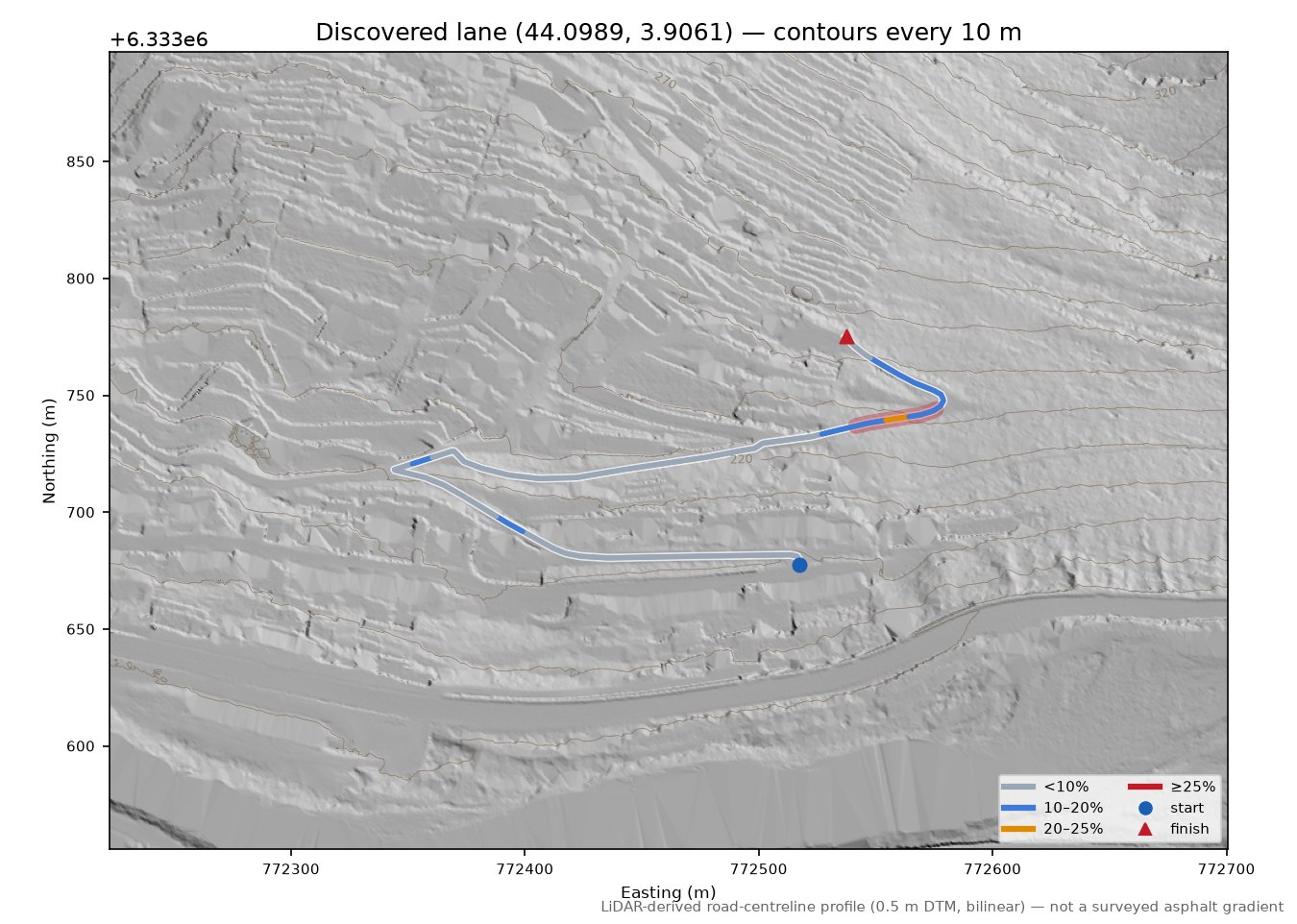 Discovered lane (44.0989, 3.9061) LiDAR hillshade map with contours