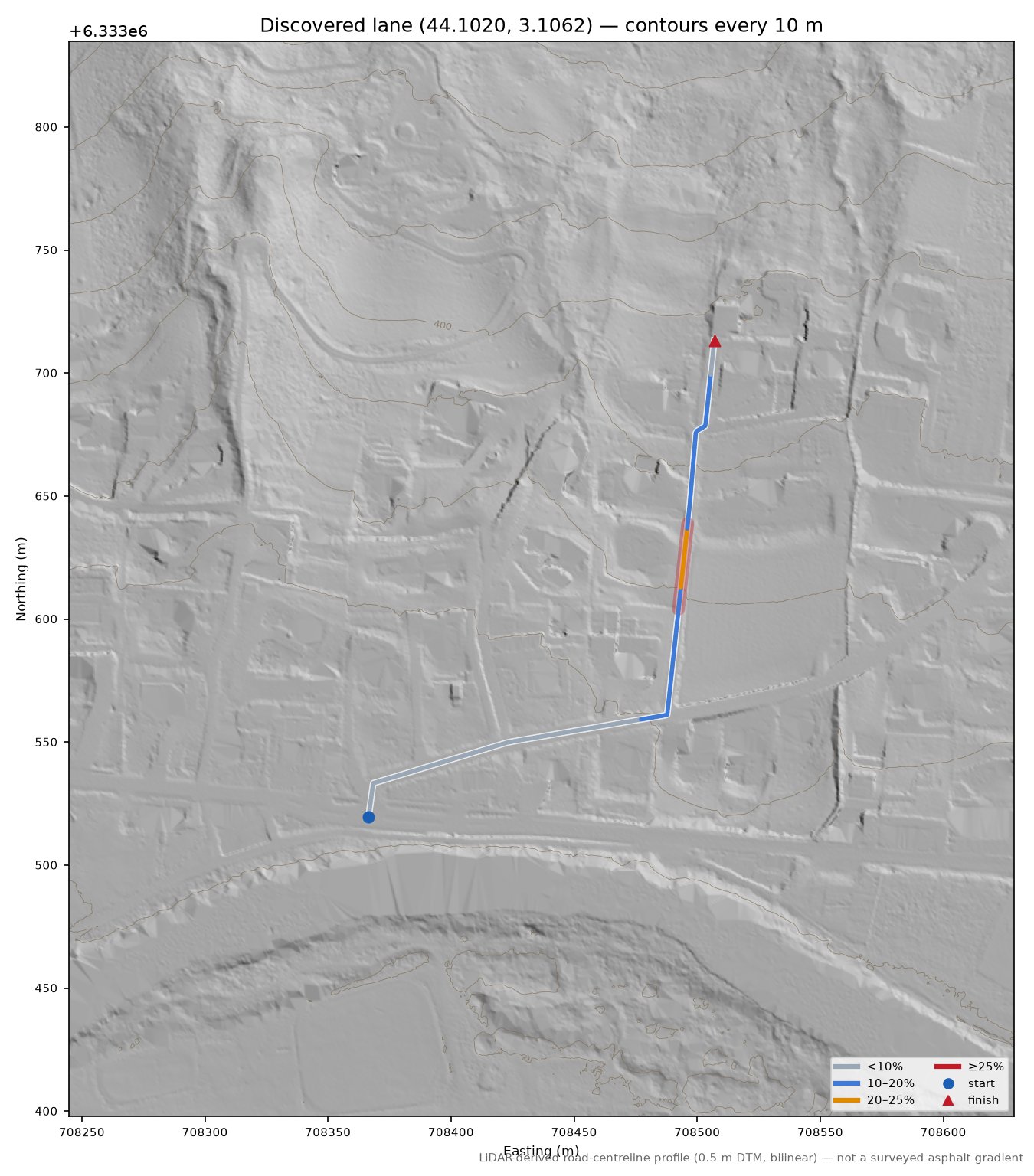 Discovered lane (44.1020, 3.1062) LiDAR hillshade map with contours