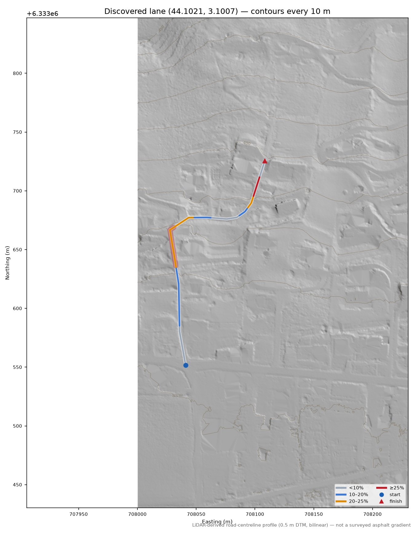 Discovered lane (44.1021, 3.1007) LiDAR hillshade map with contours