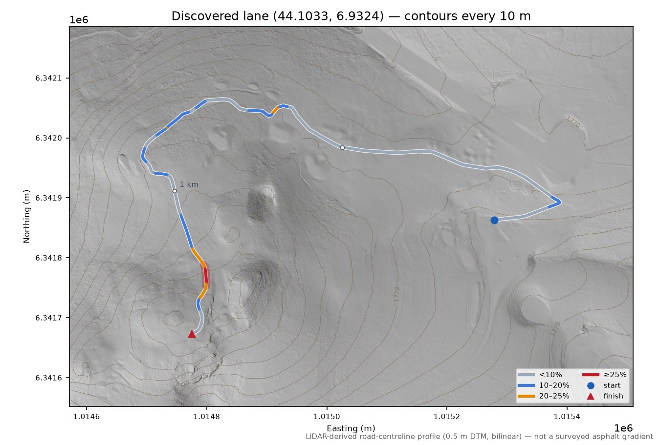 Discovered lane (44.1033, 6.9324) LiDAR hillshade map with contours