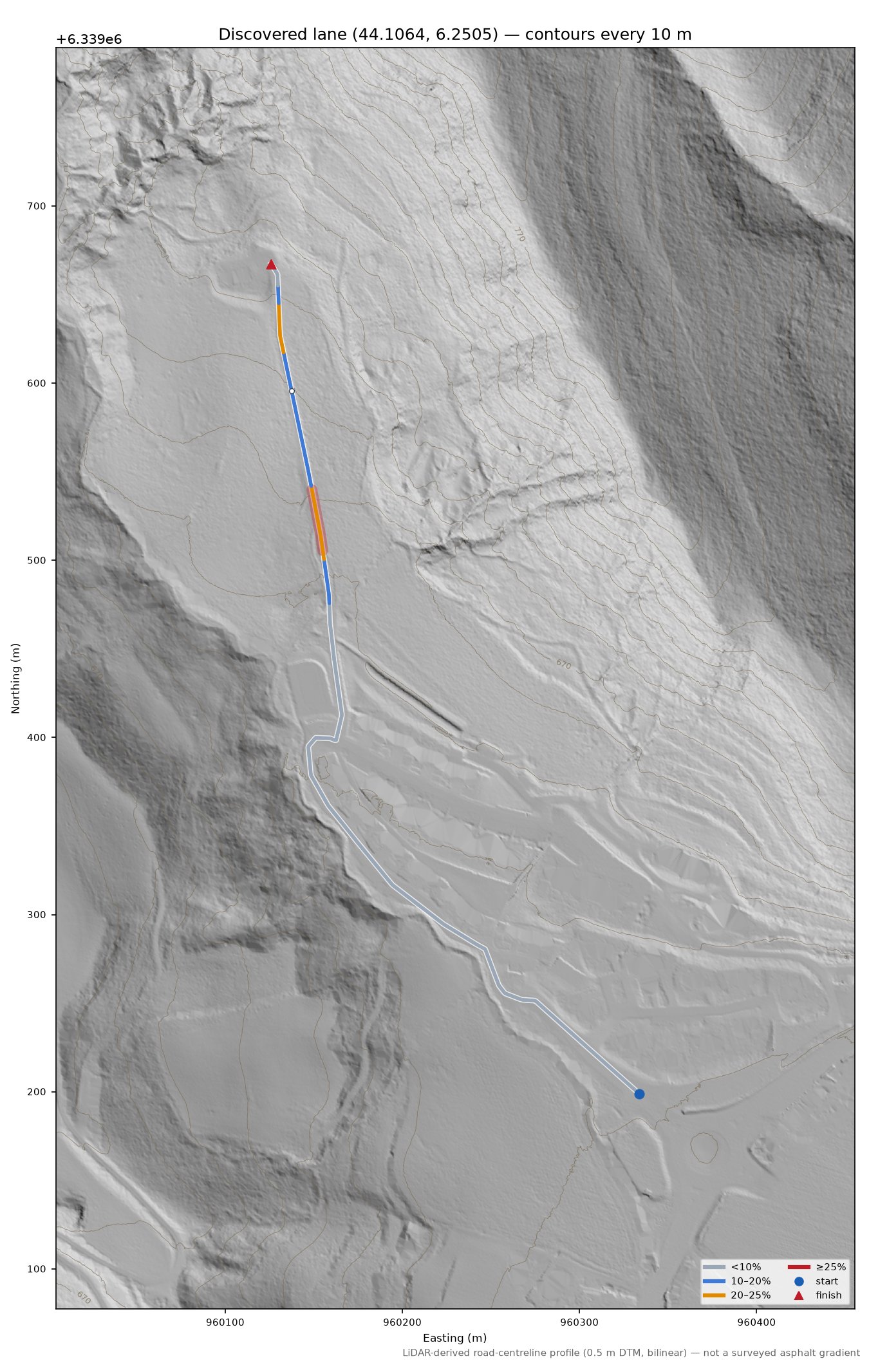 Discovered lane (44.1064, 6.2505) LiDAR hillshade map with contours