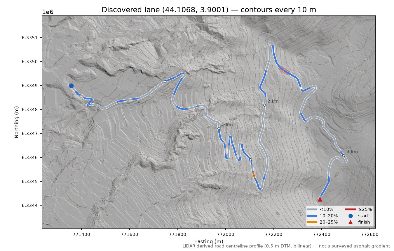 Discovered lane (44.1068, 3.9001) LiDAR hillshade map with contours