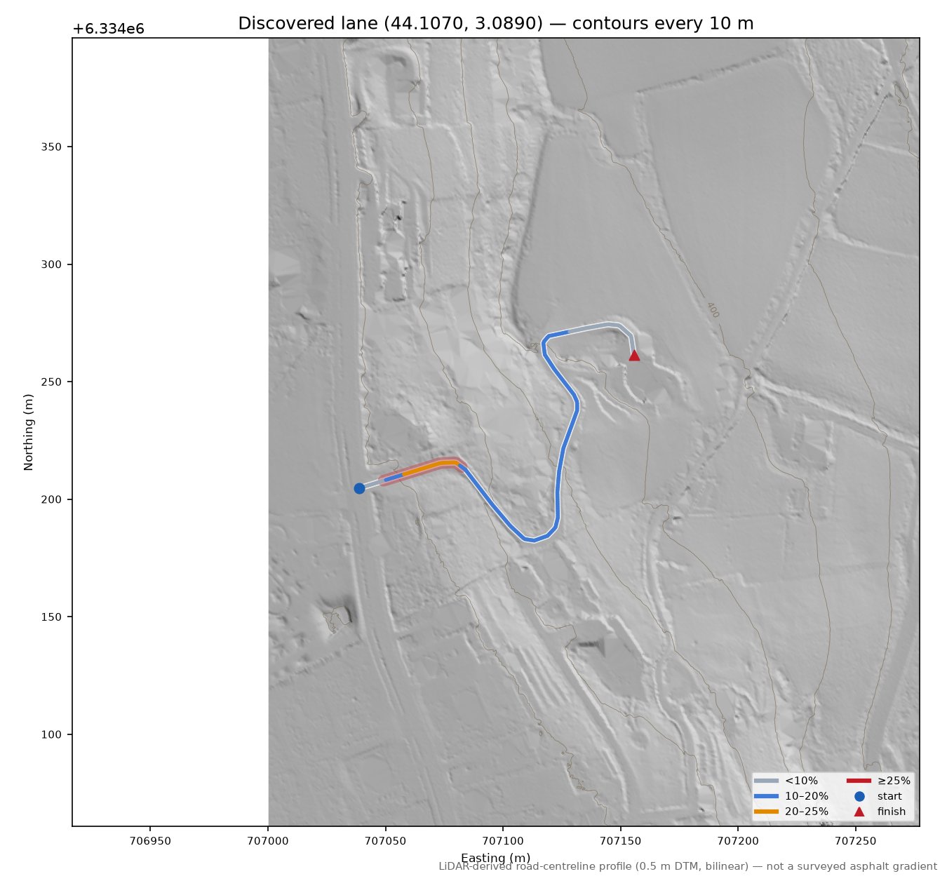 Discovered lane (44.1070, 3.0890) LiDAR hillshade map with contours