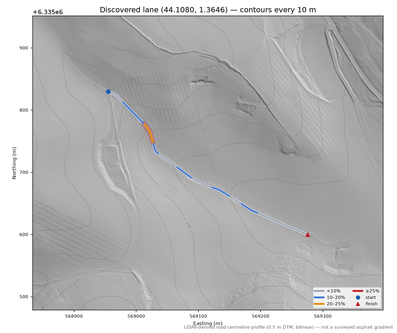 Discovered lane (44.1080, 1.3646) LiDAR hillshade map with contours