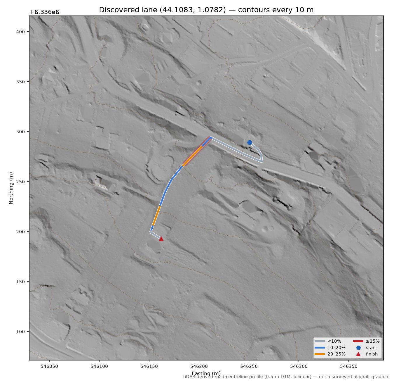 Discovered lane (44.1083, 1.0782) LiDAR hillshade map with contours