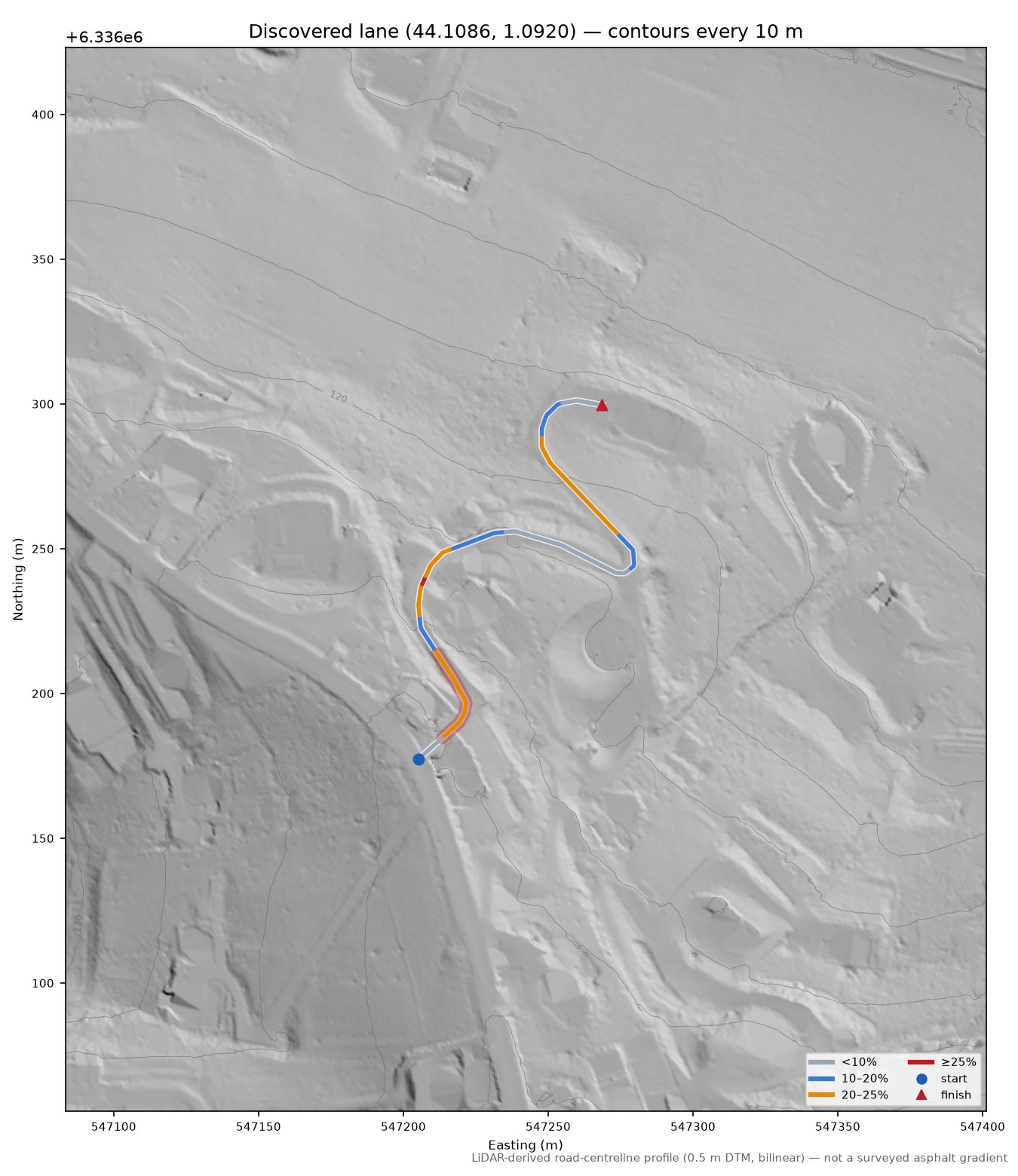 Discovered lane (44.1086, 1.0920) LiDAR hillshade map with contours