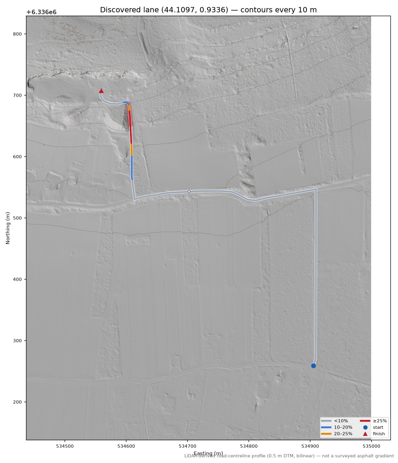 Discovered lane (44.1097, 0.9336) LiDAR hillshade map with contours