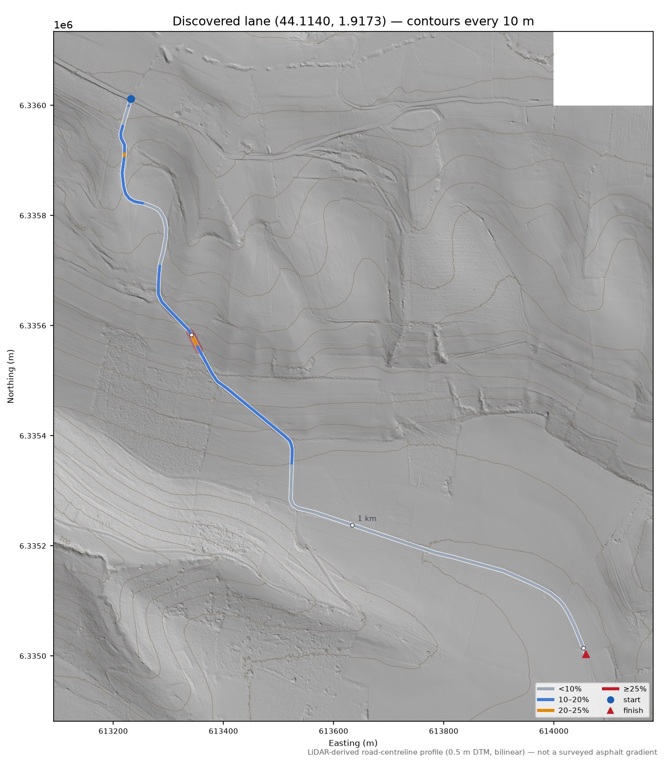Discovered lane (44.1140, 1.9173) LiDAR hillshade map with contours