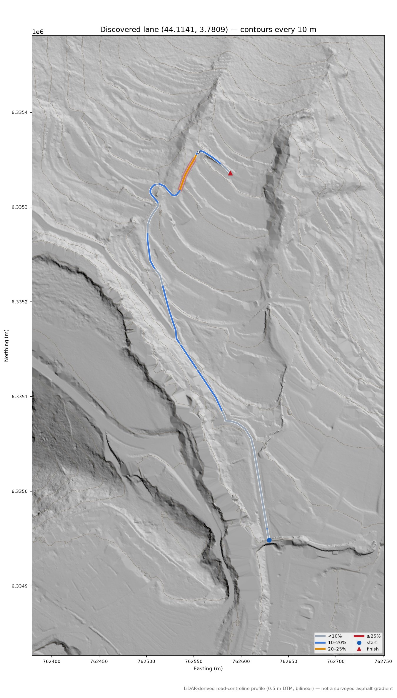 Discovered lane (44.1141, 3.7809) LiDAR hillshade map with contours