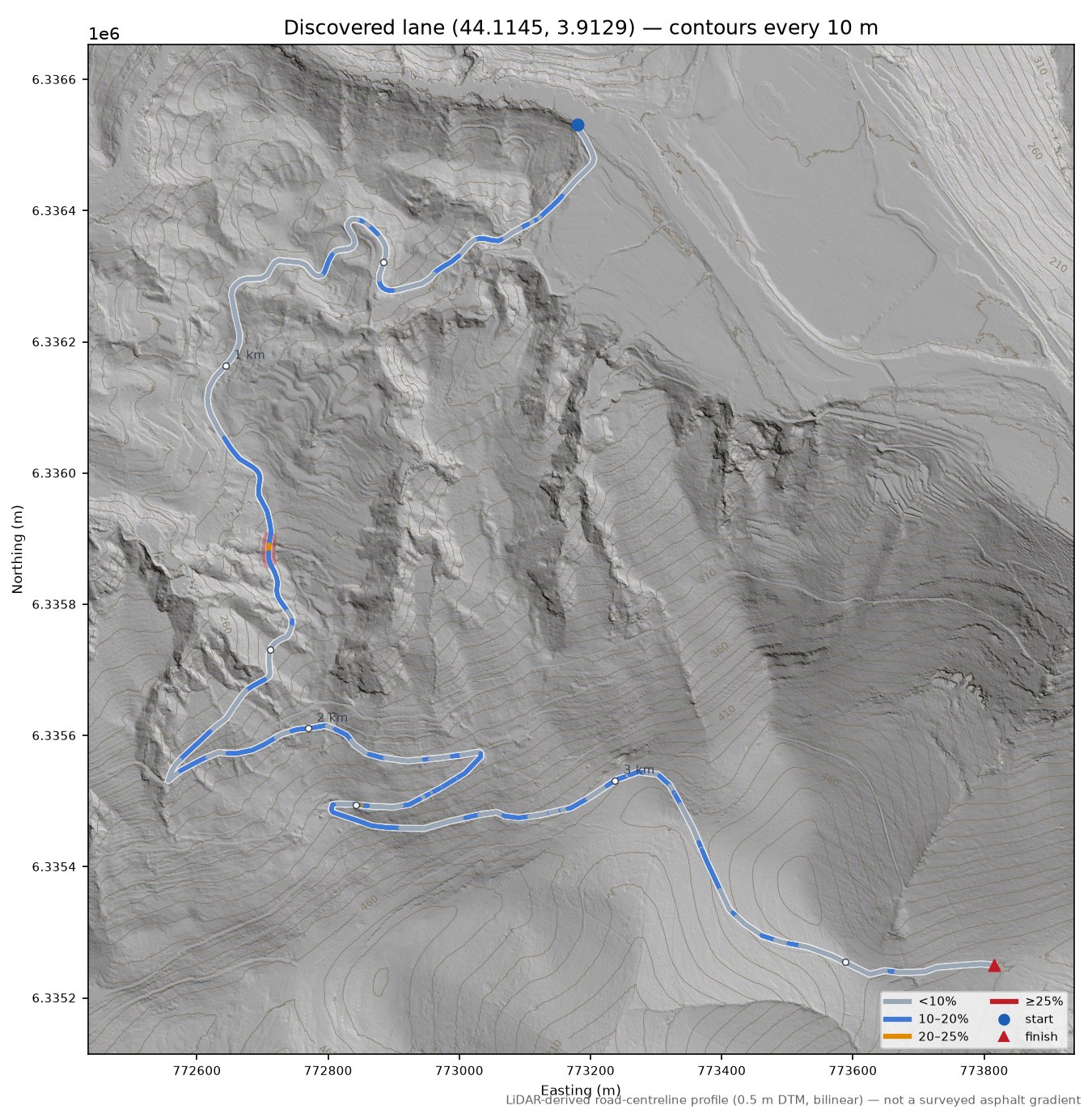 Discovered lane (44.1145, 3.9129) LiDAR hillshade map with contours