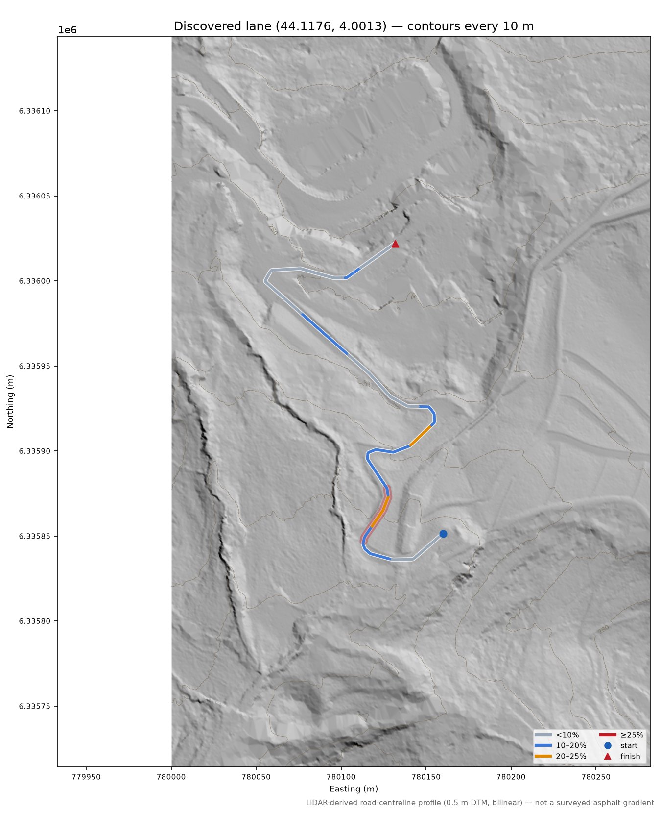 Discovered lane (44.1176, 4.0013) LiDAR hillshade map with contours
