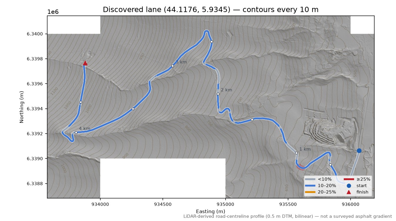 Discovered lane (44.1176, 5.9345) LiDAR hillshade map with contours