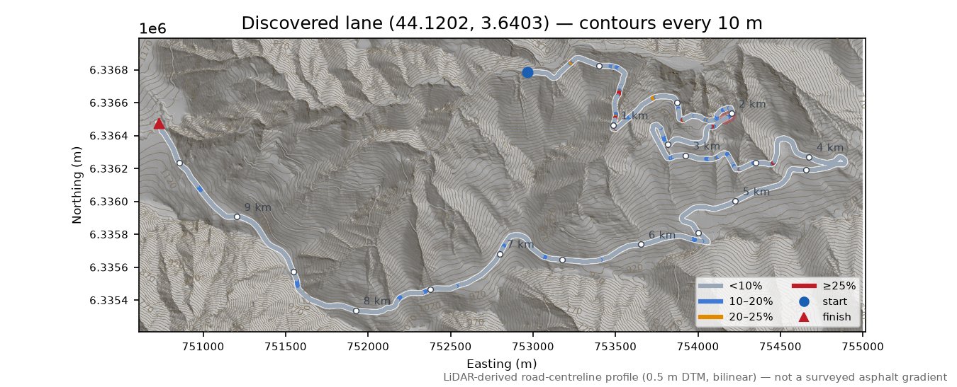 Discovered lane (44.1202, 3.6403) LiDAR hillshade map with contours