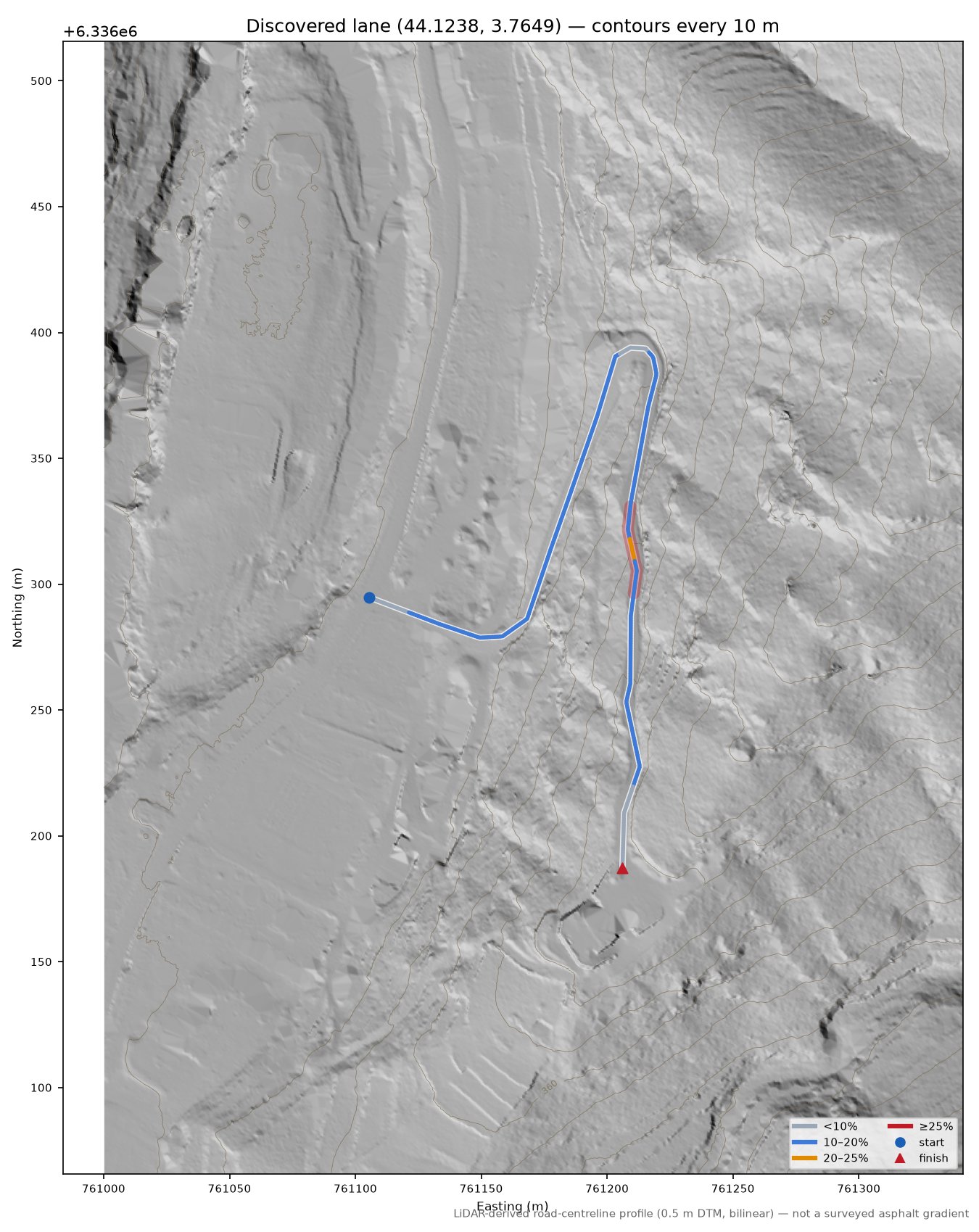 Discovered lane (44.1238, 3.7649) LiDAR hillshade map with contours