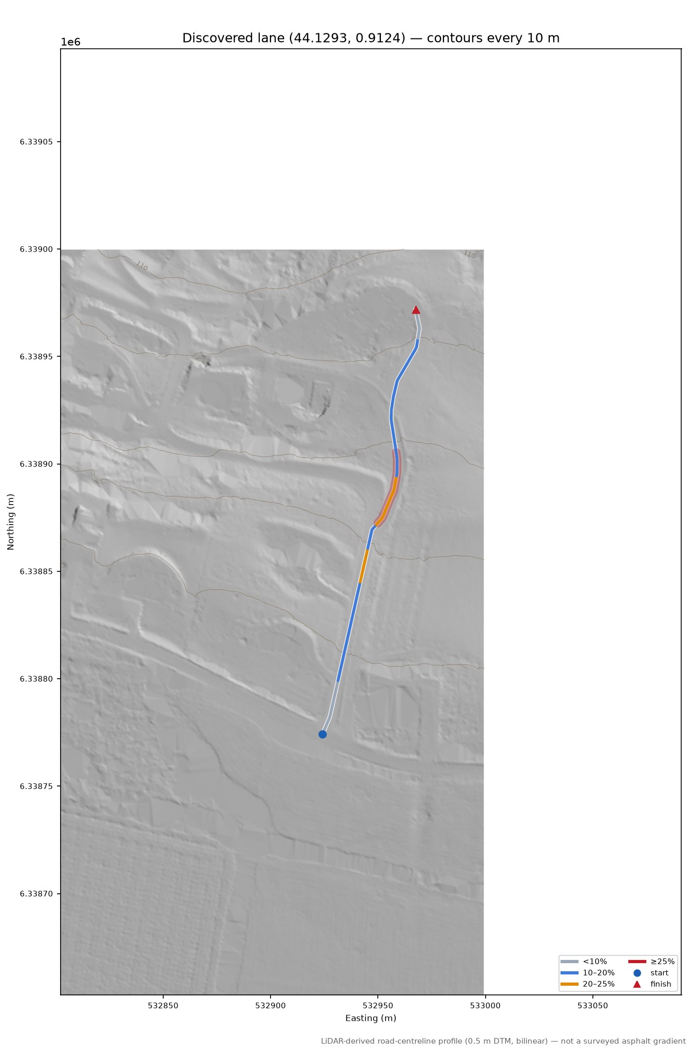 Discovered lane (44.1293, 0.9124) LiDAR hillshade map with contours