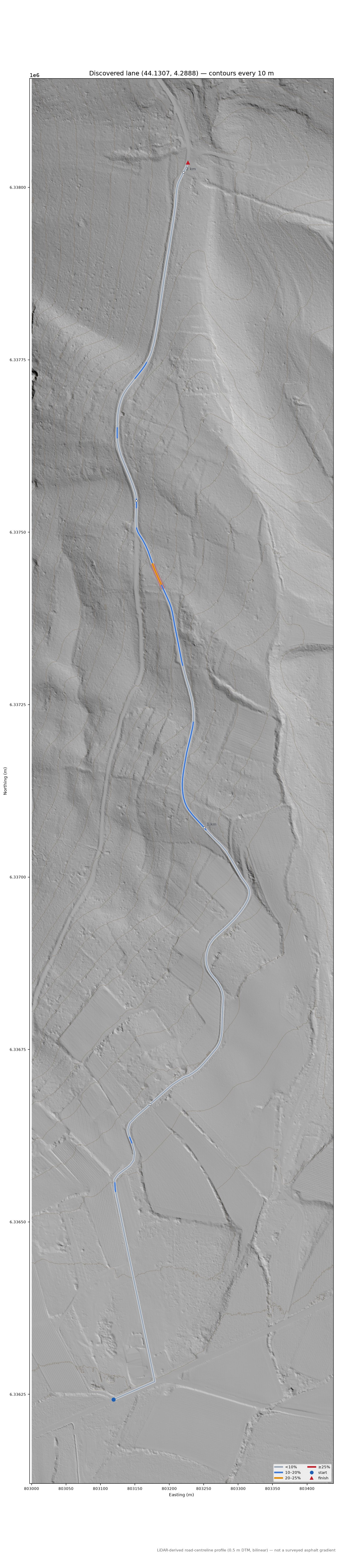 Discovered lane (44.1307, 4.2888) LiDAR hillshade map with contours