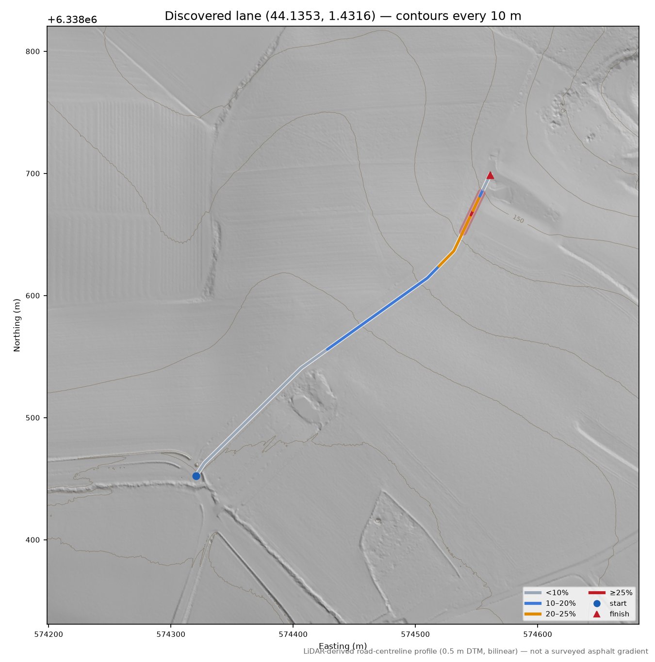 Discovered lane (44.1353, 1.4316) LiDAR hillshade map with contours