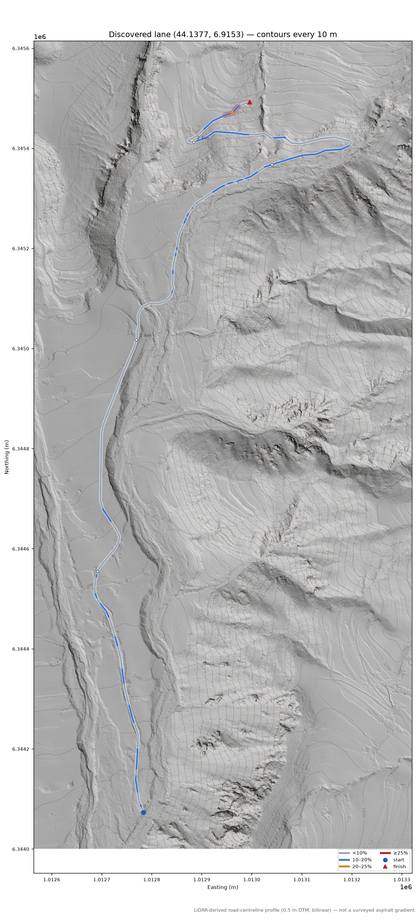 Discovered lane (44.1377, 6.9153) LiDAR hillshade map with contours