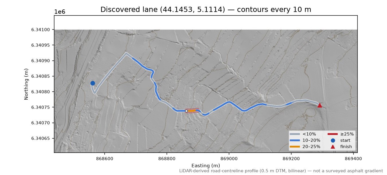 Discovered lane (44.1453, 5.1114) LiDAR hillshade map with contours