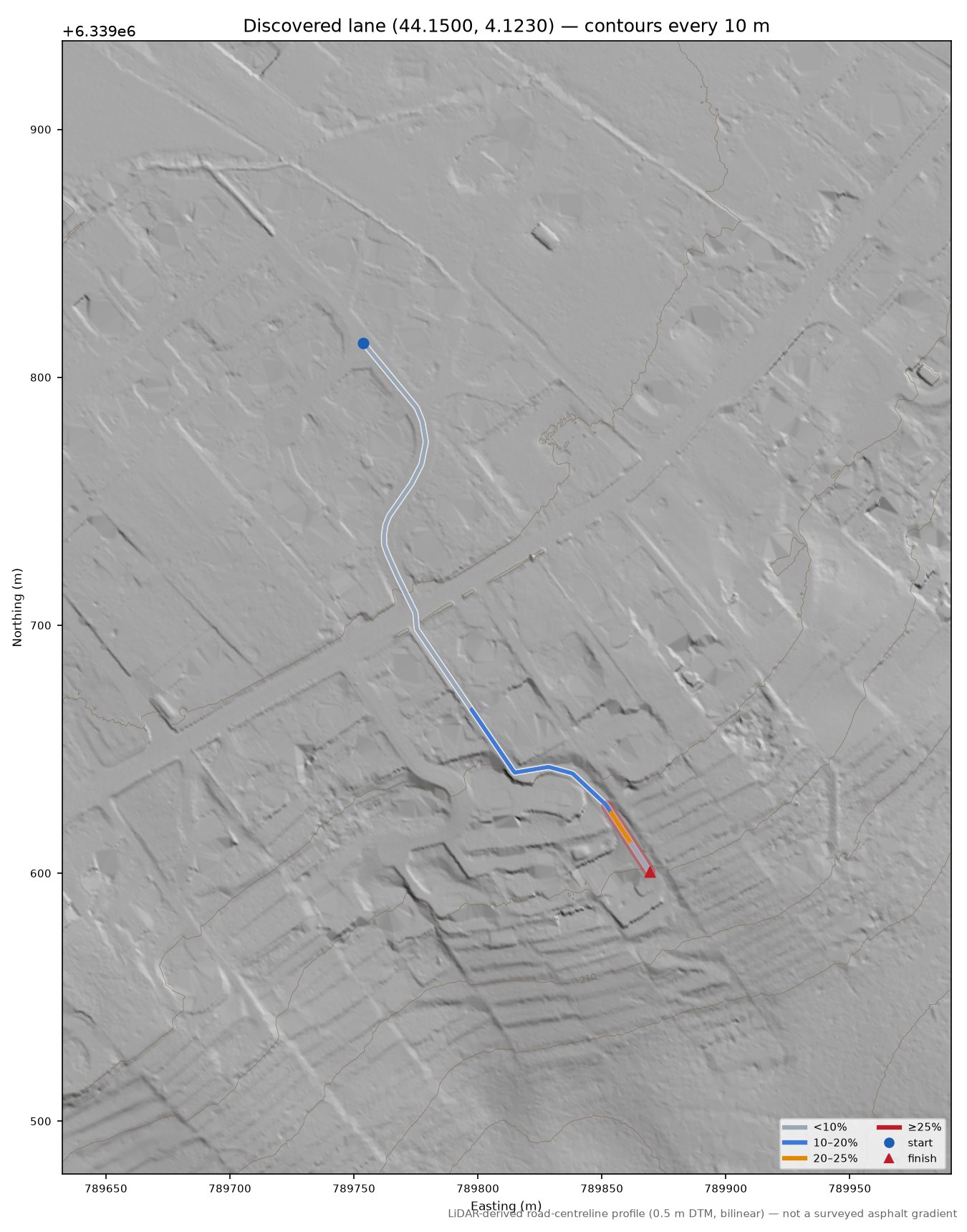 Discovered lane (44.1500, 4.1230) LiDAR hillshade map with contours