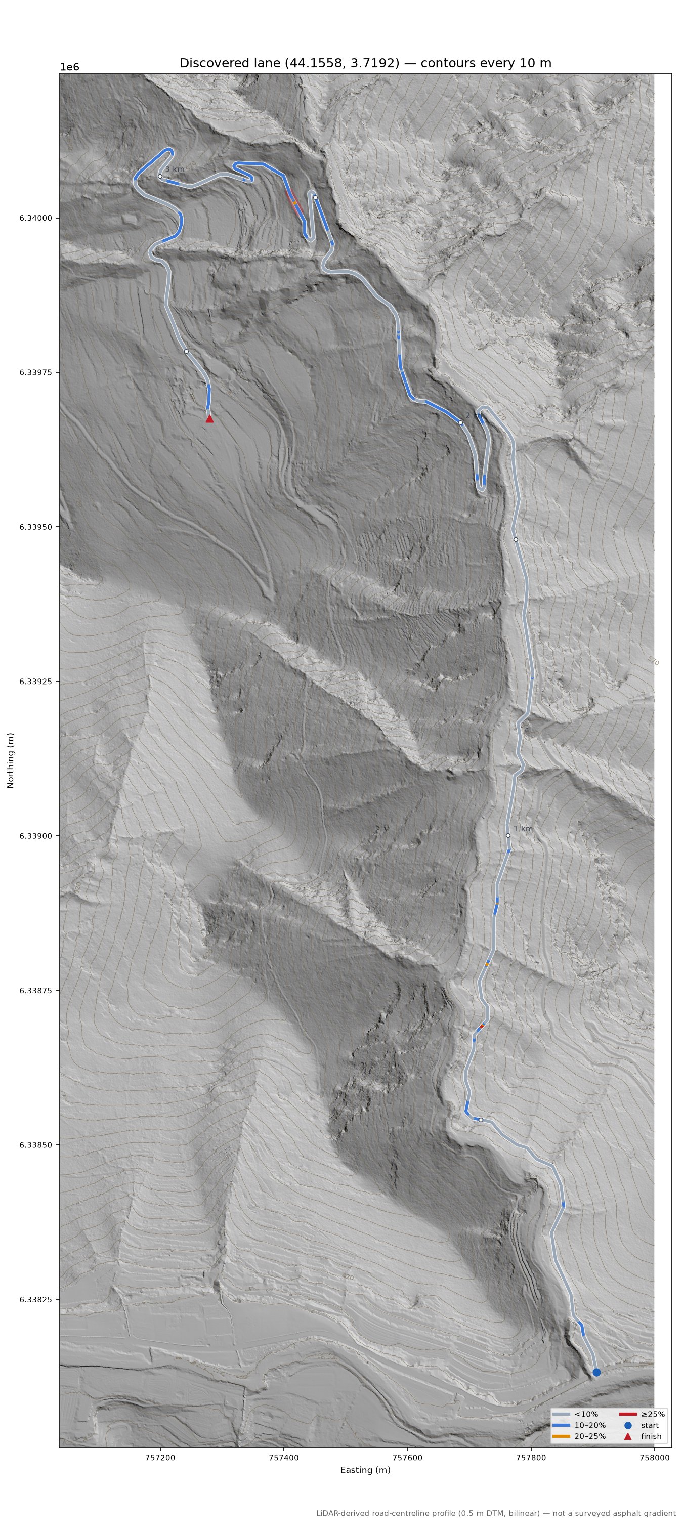 Discovered lane (44.1558, 3.7192) LiDAR hillshade map with contours
