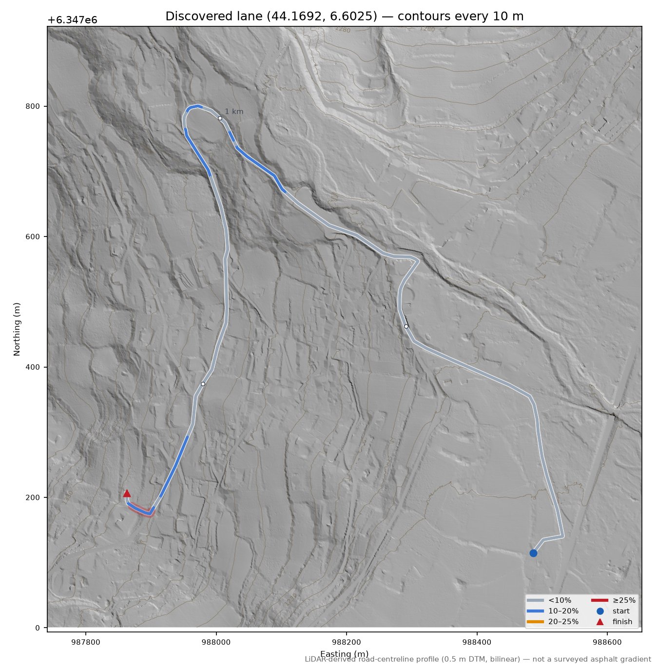 Discovered lane (44.1692, 6.6025) LiDAR hillshade map with contours