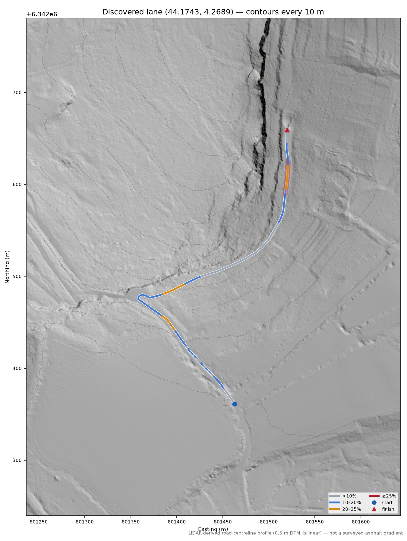Discovered lane (44.1743, 4.2689) LiDAR hillshade map with contours