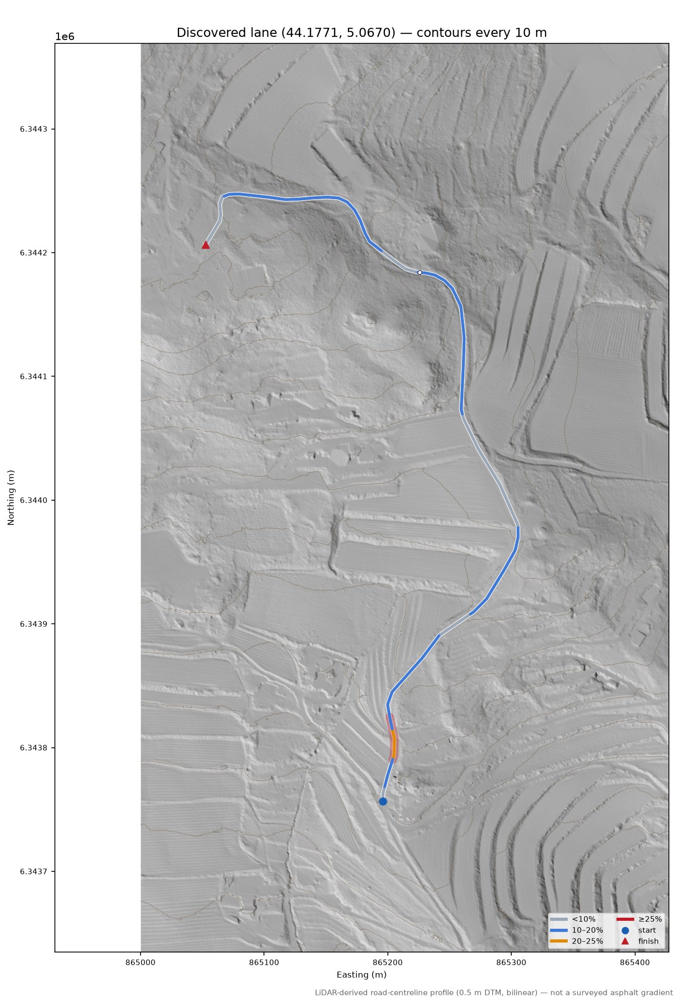Discovered lane (44.1771, 5.0670) LiDAR hillshade map with contours