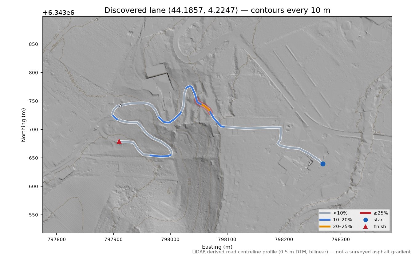 Discovered lane (44.1857, 4.2247) LiDAR hillshade map with contours