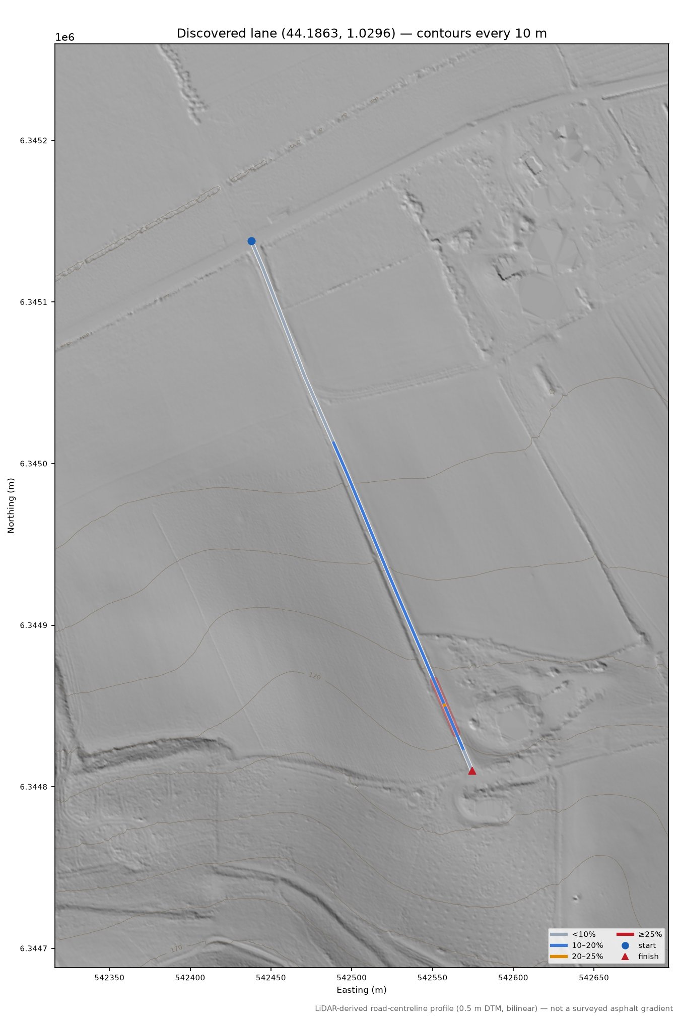 Discovered lane (44.1863, 1.0296) LiDAR hillshade map with contours