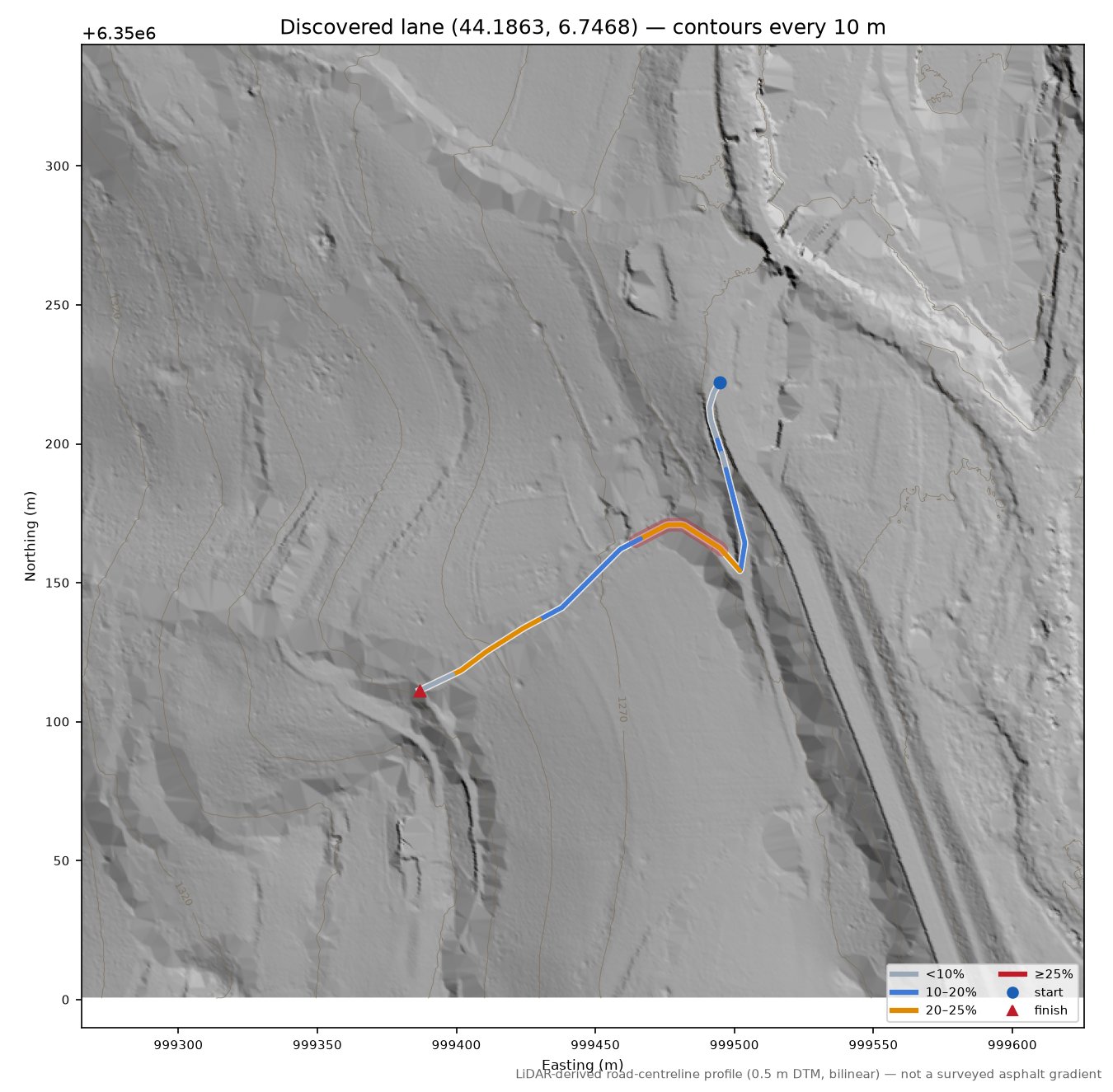Discovered lane (44.1863, 6.7468) LiDAR hillshade map with contours